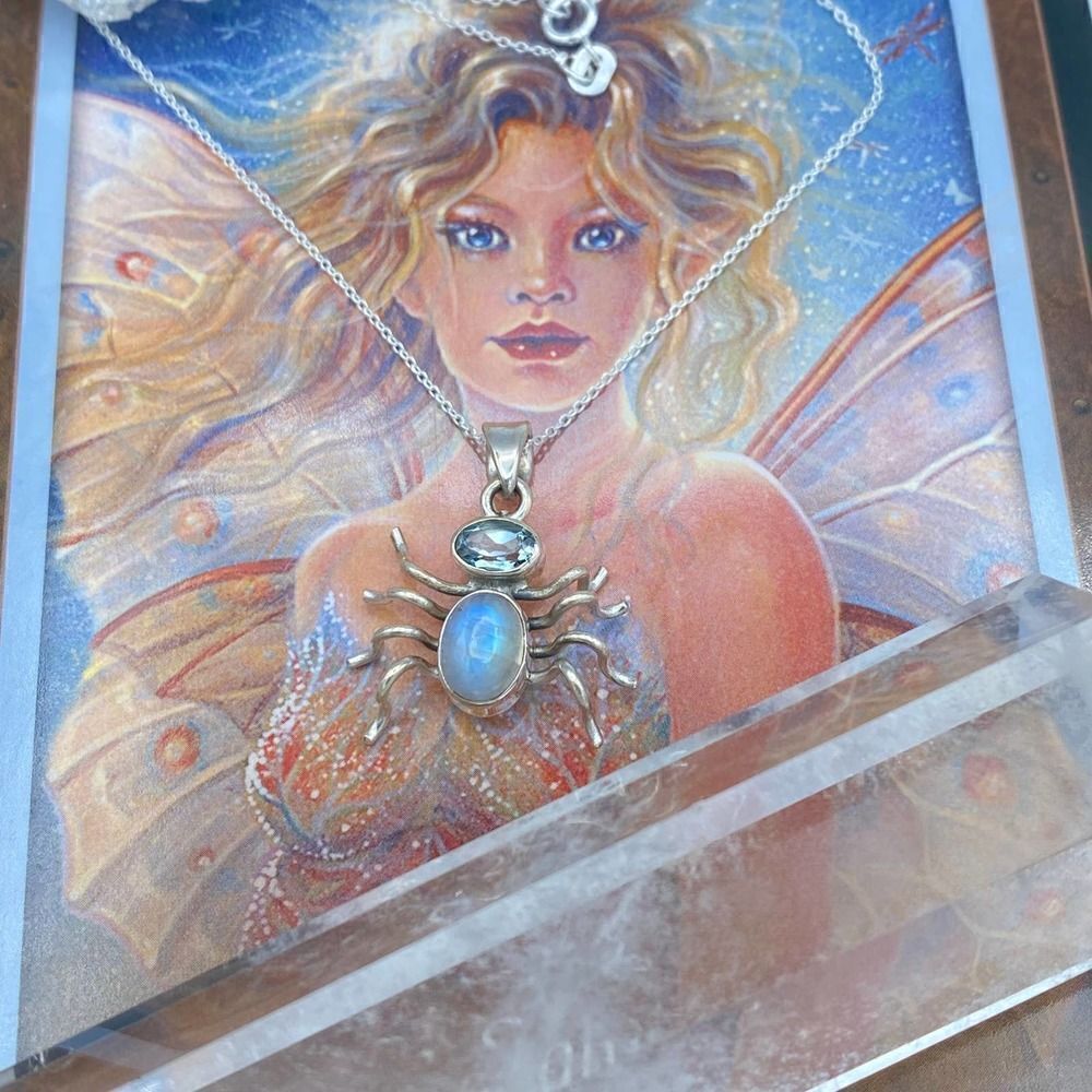 Spider Rainbow Moonstone & Blue Topaz Sterling Silver Necklace